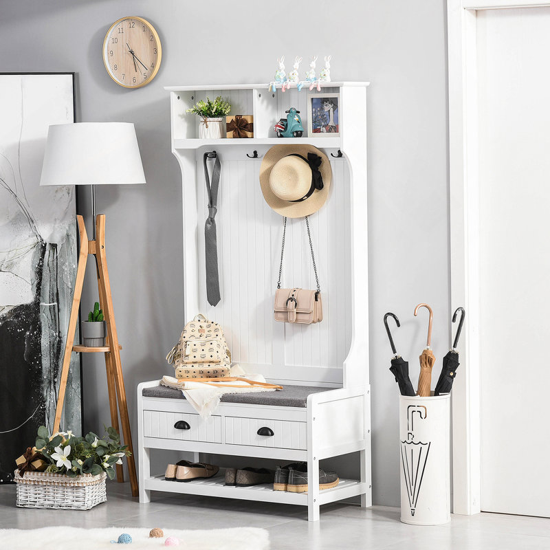 3-In-1 Hall Tree, Entryway Bench With Coat Rack, Mudroom Bench With Shoe Rack, 2 Storage Drawers, 4 Hooks And Padded Seat Cushions For Hallway, White