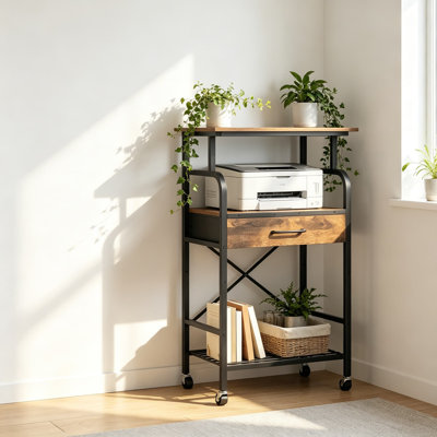 Grand support d'imprimante, chariot d'imprimante à 3 niveaux avec rangement, table d'imprimante industrielle sur roulettes, tablette réglable et tiroir en tissu pour bureau à domicile, brun rustique
