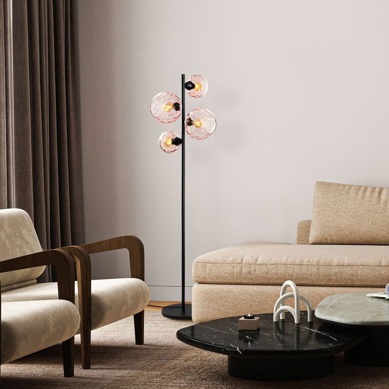 Lampe sur pied industrielle moderne, structure en métal noir, 13,8 x 13,8 x 65,0 pouces | 4 x douilles E27 (40 W maximum) | Bouchon en verre élégant, classé IP20 | Idéal pour le salon, la chambre à coucher et le bureau - Solution d'éclairage élégante et fonctionnelle
