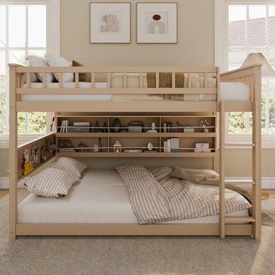 Full Over Full Bunk Bed With Integrated Shelving, Color-Changing Lights And Pegboard, Beige