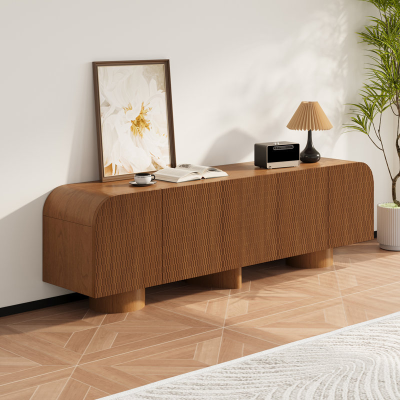 Meuble télé 71 po Mid-Century, console multimédia en bois massif brun avec 4 armoires, pré-assemblé