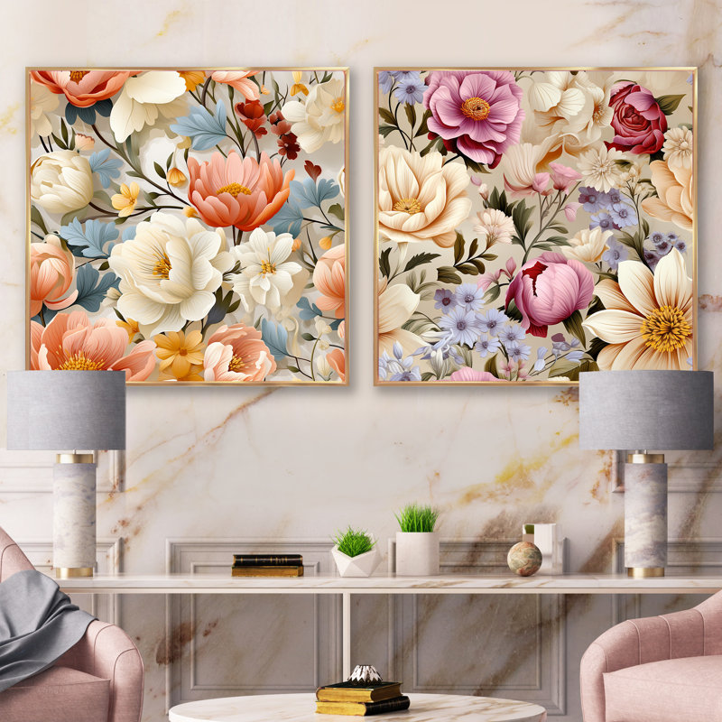 Hallman - Ensemble de 2 collages floraux carrés, Cadre flottant doré, H 30 po x l 61 po