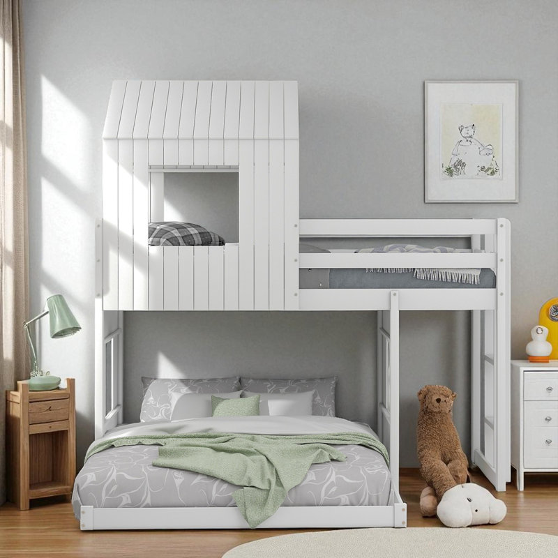 L - Shape Twin Over Full Bunk Bed, White