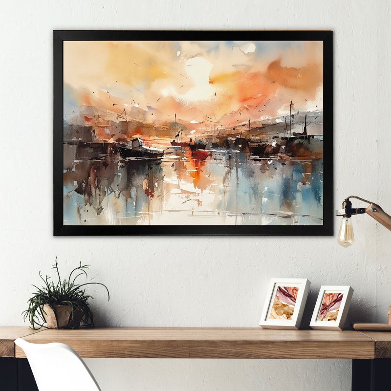 «Orange and Brown Harbor Reflections», reproduction sur toile encadrée, Noir, H 12 po x l 20 po x P 1 po