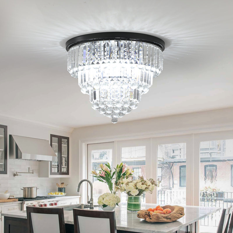   6-Light 20" Crystal Chandelier Black Flush Mount Ceiling Light, Matte Black