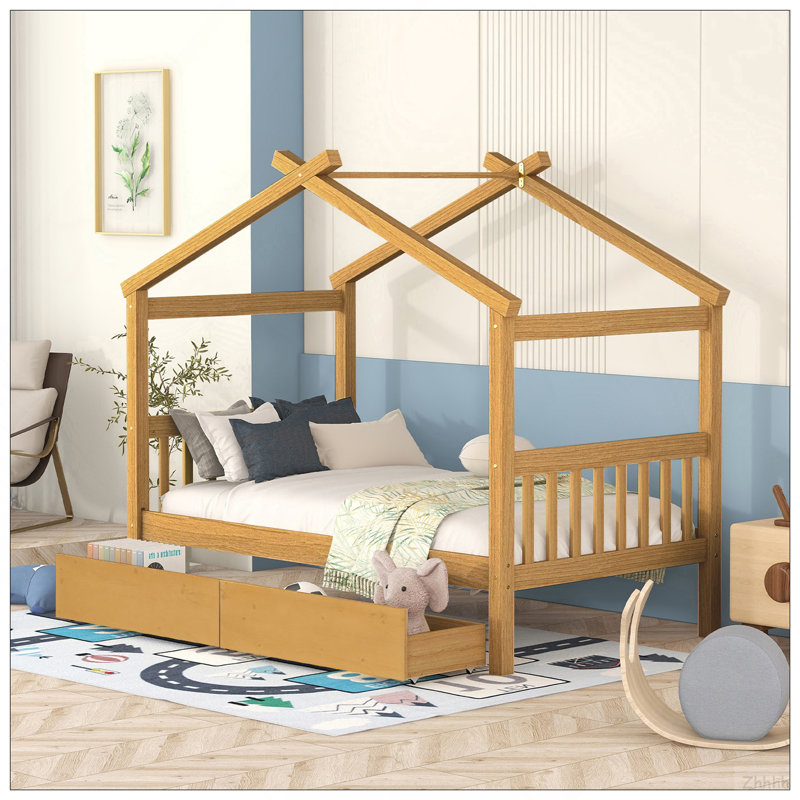 Lit simple en bois avec tiroirs, naturel, Natural