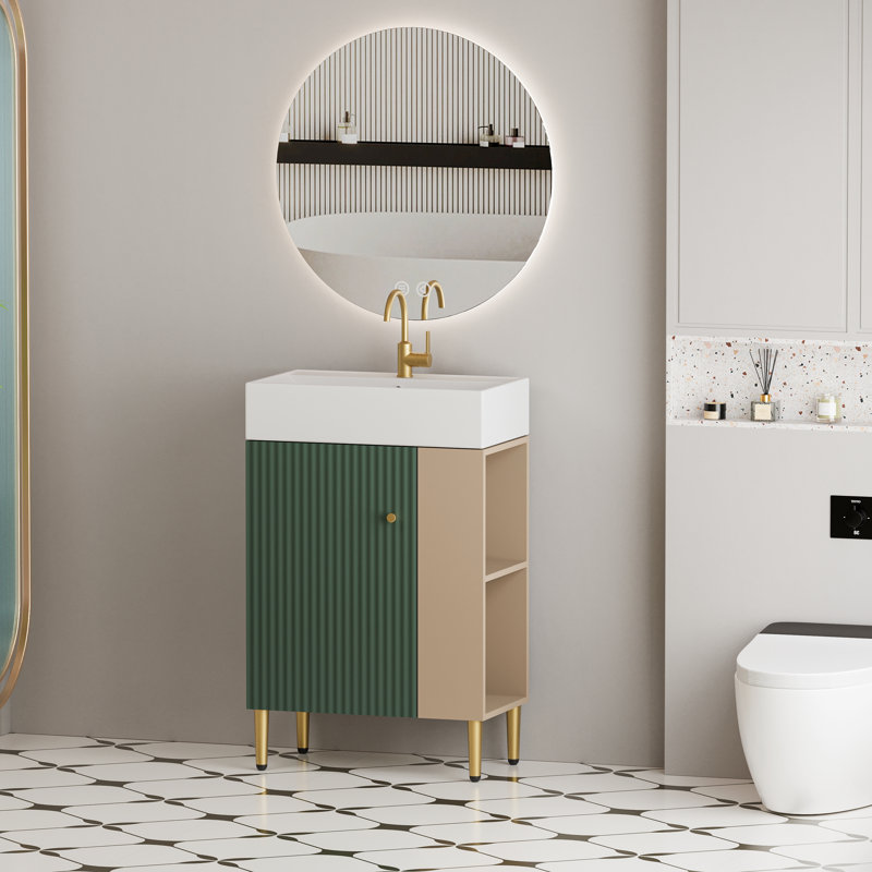 21.6" Freestanding Single Bathroom Vanity Set with Left Side Open Shelf, Ceramic Sink, Soft-Closing Door, Cloakroom Storage Cabinet, 3 Colors Option