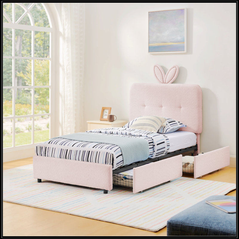 Lit simple tapissier pour enfants avec tête de lit surdimensionnée, lumière DEL et 4 tiroirs de rangement, tissu bouclé, Twin