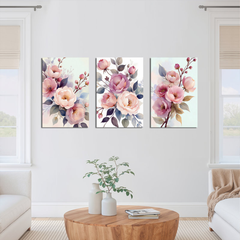 Toile murale florale rose poudré (paquet de 3), H 18 po x l 36 po