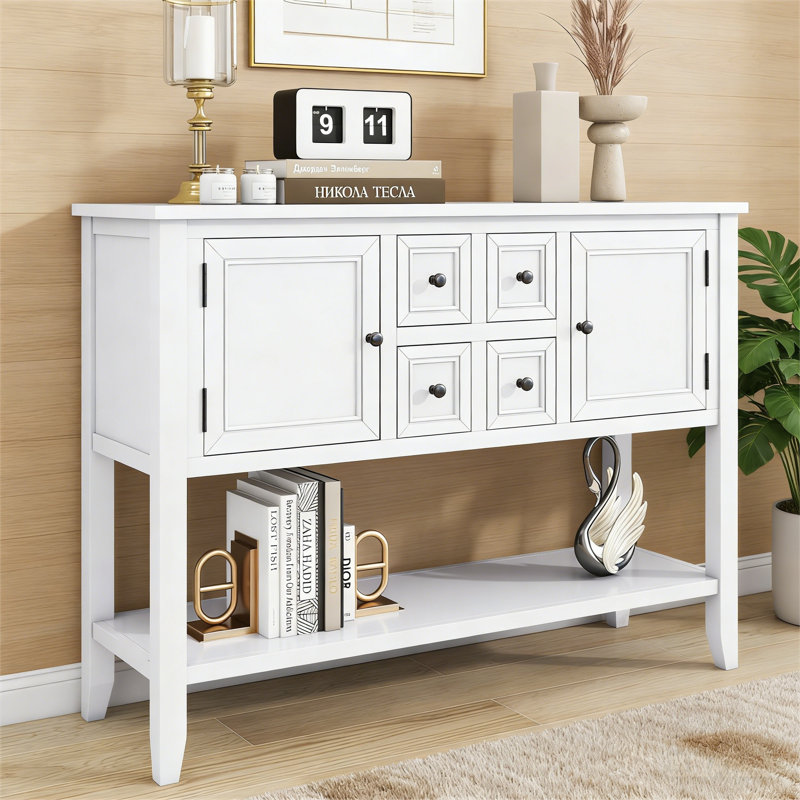 Ample console de rangement rétro avec quatre petits tiroirs et une tablette inférieure, Blanc