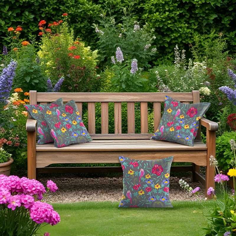 Indoor / Outdoor Floral Yellow Square Throw Cushion, Gray/Pink/Yellow Floral