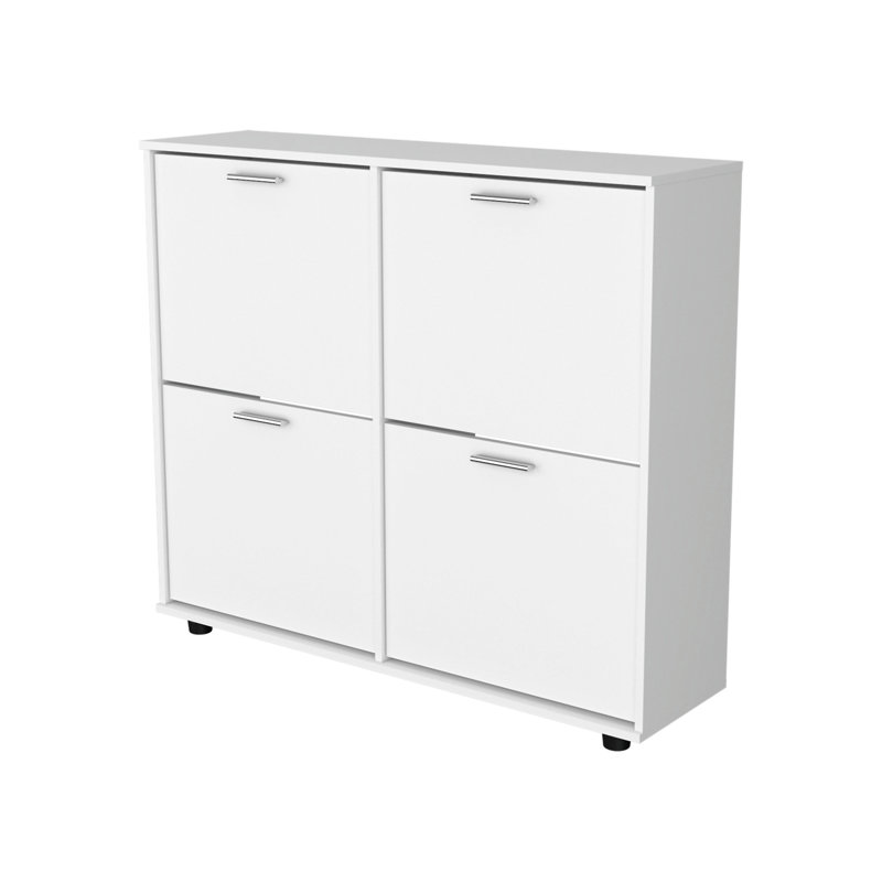 Armoire de rangement blanche à chaussures inclinable avec plusieurs compartiments et design moderne