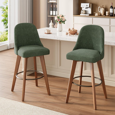 Tabourets de bar pivotants à 360°, hauteur du comptoir (lot de 2), recouverts de lin vert, avec dossier et pieds fuselés en bois, pour îlot de cuisine.