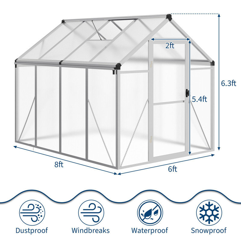 Serre 6 x 8 pi - Panneaux en polycarbonate, cadre en aluminium, porte verrouillable et évent de toit réglable pour la cour, le patio et le jardin