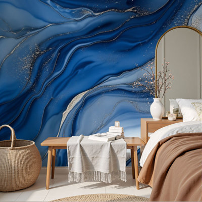 Papier peint auto-adhésif abstrait bleu argenté à motif de vagues fluides, H 69 po x l 96 po, papier peint amovible en PVC, adhésif pour chambre à coucher, bureau à domicile