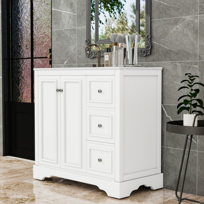 Meuble-lavabo avec lavabo en céramique, tablette réglable et 3 tiroirs, Blanc