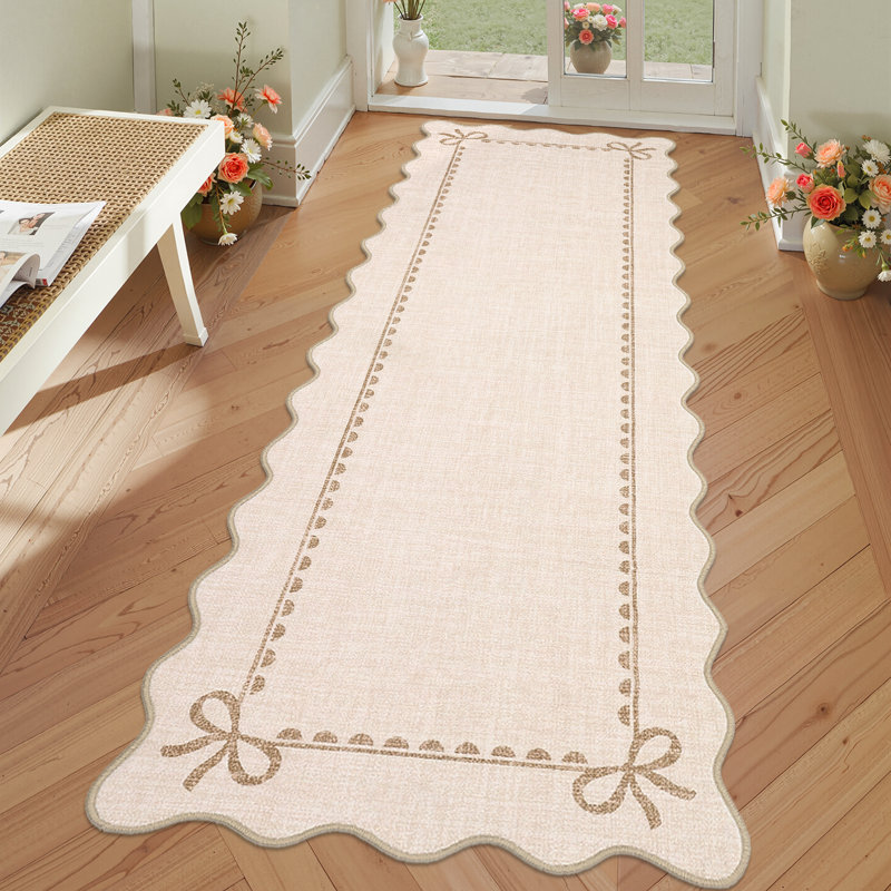 2x6 Scalloped Beige Runner Rugs for Hallway Kitchen Non Slip Washable Area Rug, Soft Low Pile Stain Resistant Non-Shedding Bow Rug Runners for Bedroom Bathroom Entryway