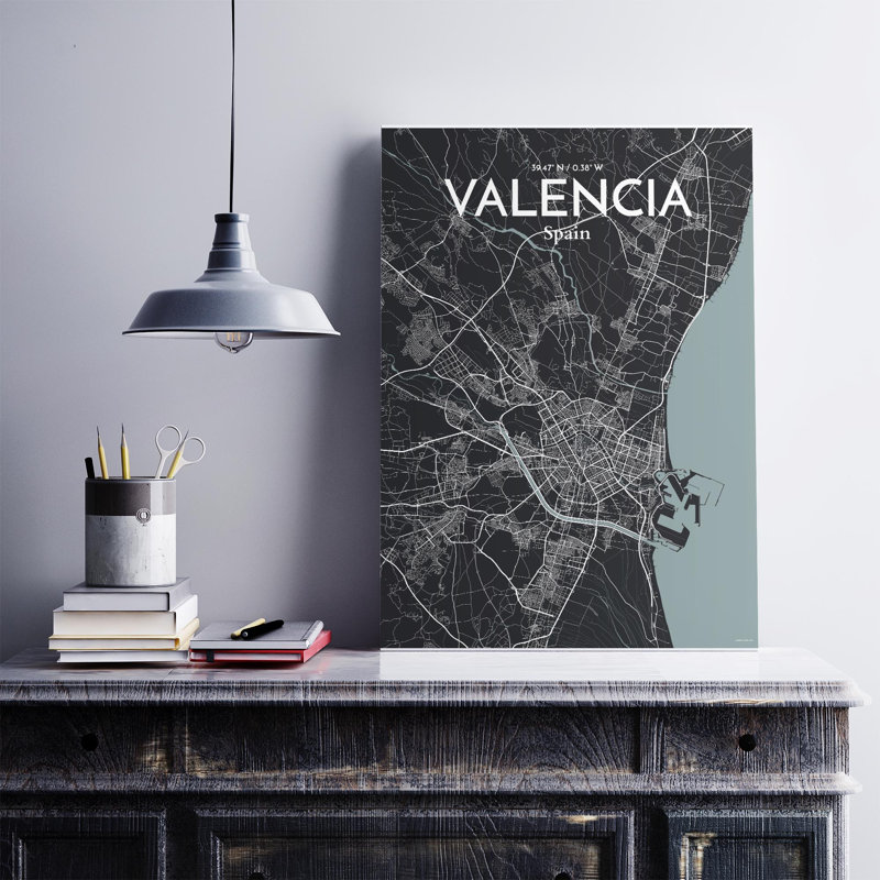 Valencia, carte de la ville, impression, Gris/noir, H 27,6 po x l 19,7 po