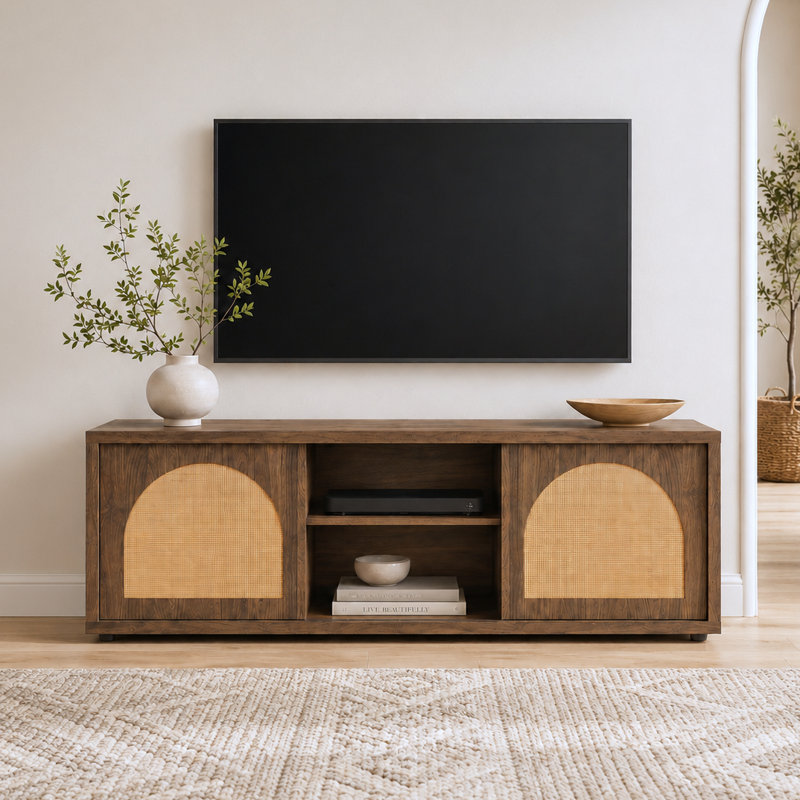 Balard 68" W TV Stand TV Stand with Arched Cane Doors and Open Shelves