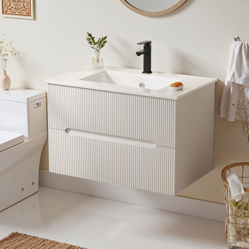  30" Wall Mounted Single Bathroom Vanity With Ceramic Sink Top And Faucet, Floating Cabinet With 2 Soft-Close Drawers, White