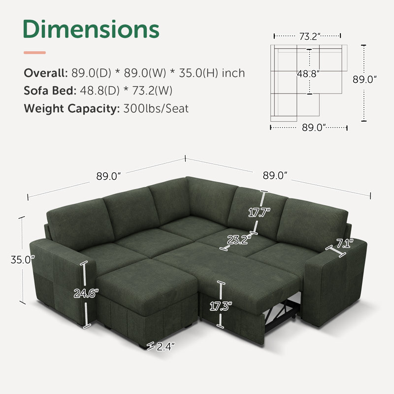 Abramson Corduroy Sleeper Sectional Sofa Bed With Ottoman, Green Corduroy