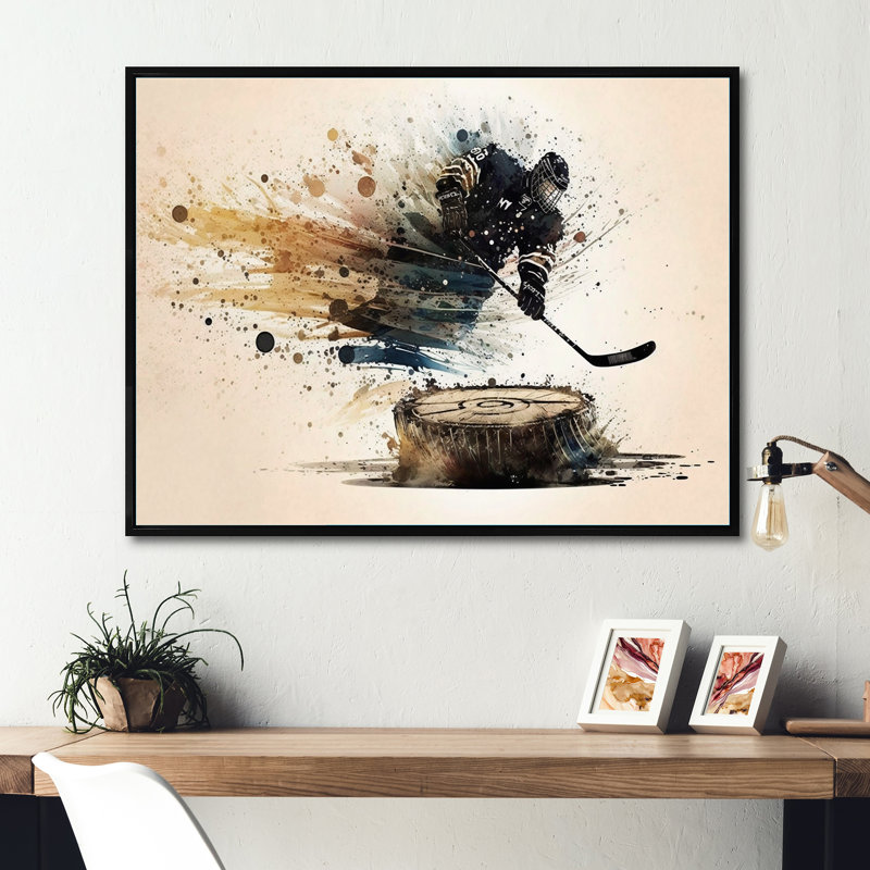 Joueur de hockey frappant une rondelle, H 30 po x l 40 po x P 1,5 po, Toile avec cadre flottant noir