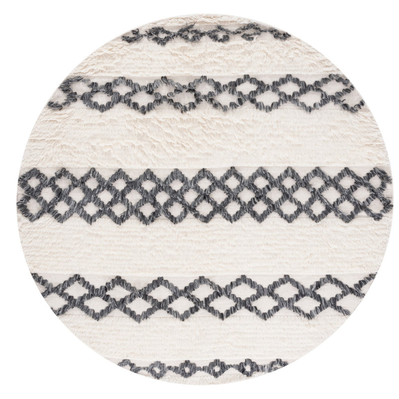 Benyam Hand Loomed Wool/Cotton Geometric Rug in Ivory/Dark Gray, Round 6'