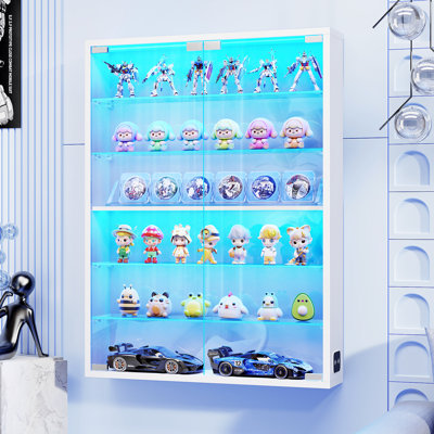6-Tier Wall Display Case with Glass Doors, LED Display Cabinet with Adjustable Glass Shelves, Display Case for Collectibles, White
