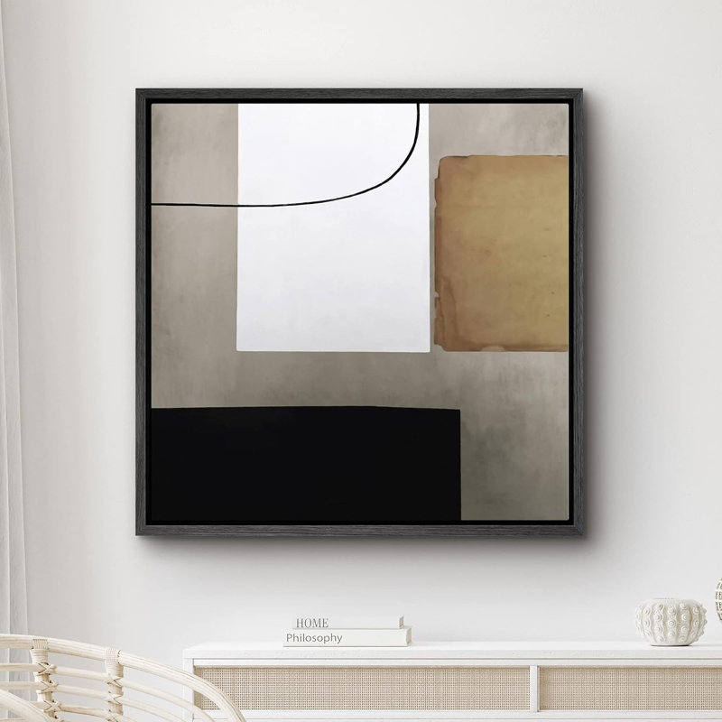 Blocs de couleur industrielle blanc, brun clair et noir - reproduction de cadre flottant sur toile, Cadre noir