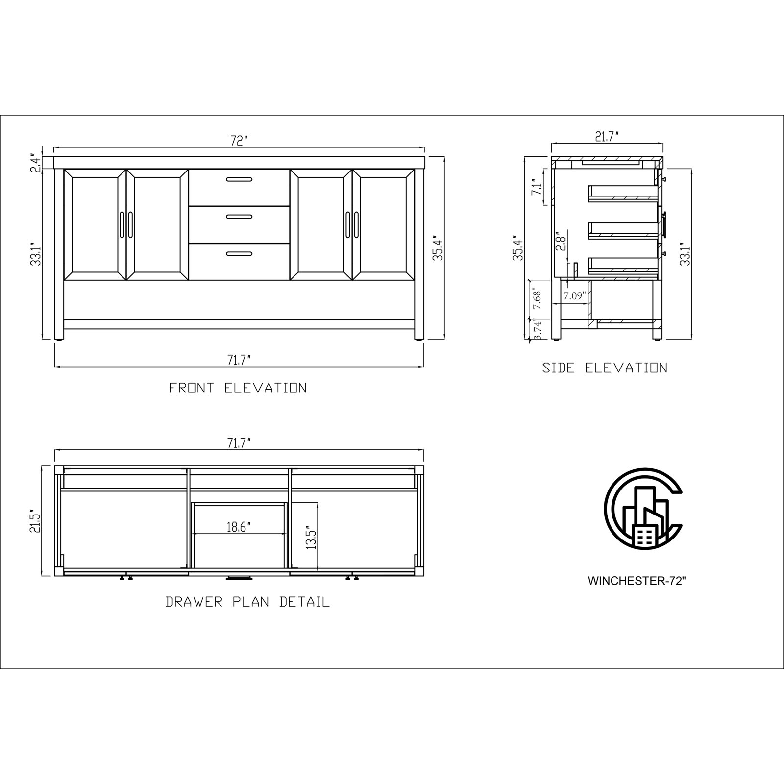 Winchester 72" Double Bathroom Vanity, Black, Pecan Oak