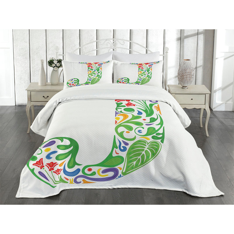 Ambesonne Letter J Bedspread Initials Tropic Flower Multicolor, King Coverlet/Bedspread + 2 Pillow Shams