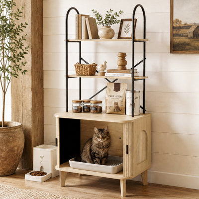 Enclos pour bac à litière avec structure métallique, meuble de rangement dissimulé compatible avec la plupart des bacs à litière, niche pour animaux de compagnie pour salon, en chêne