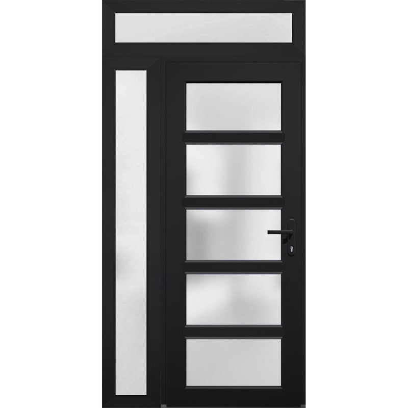 Façade extérieure pré-montée Fibre de verre verre givré / Manux 8002 noir mat / Fenêtre latérale extérieure et supérieure / Portes de bureau commerciales et résidentielles - W30 + 12 po x H80 + 14 po - À gauche