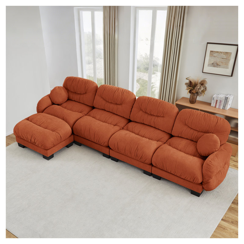 Canapé modulaire moderne en chenille avec repose-pieds - canapé 4 places en forme de L avec motif plissé et coussins ronds