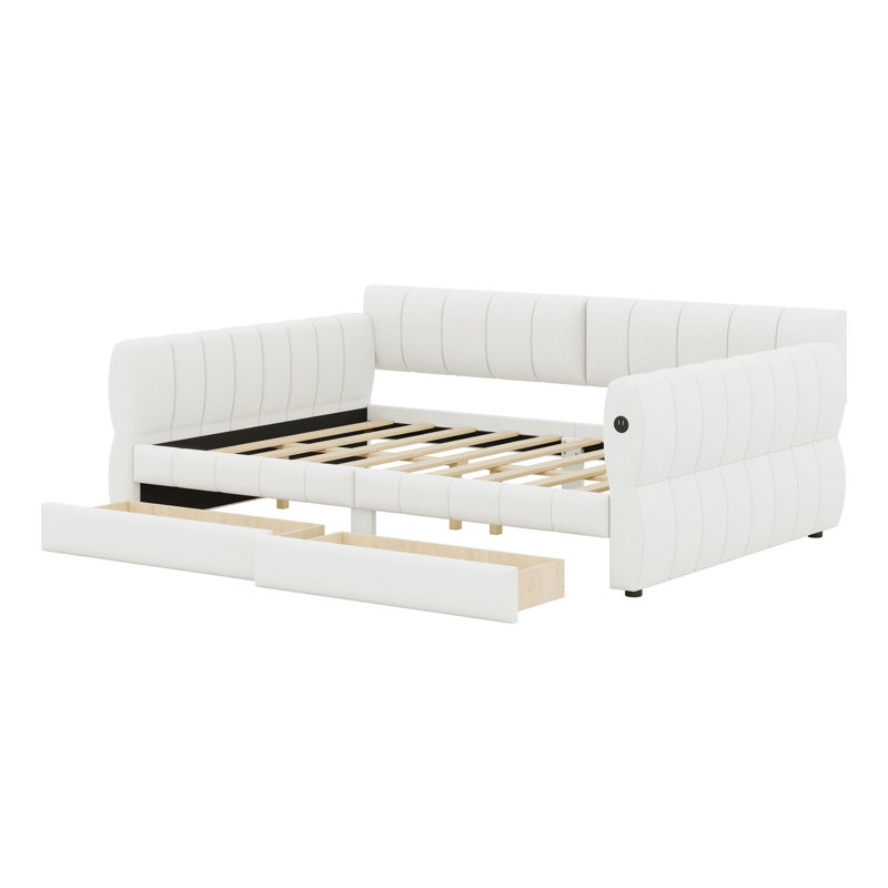 Lit plateforme tapissier avec port USB et 2 tiroirs, Blanc