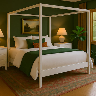 Pine Wood Canopy Platform Bed Frame with Slatted Base, Modern Minimalist Four-Poster Bed, No Box Spring Needed