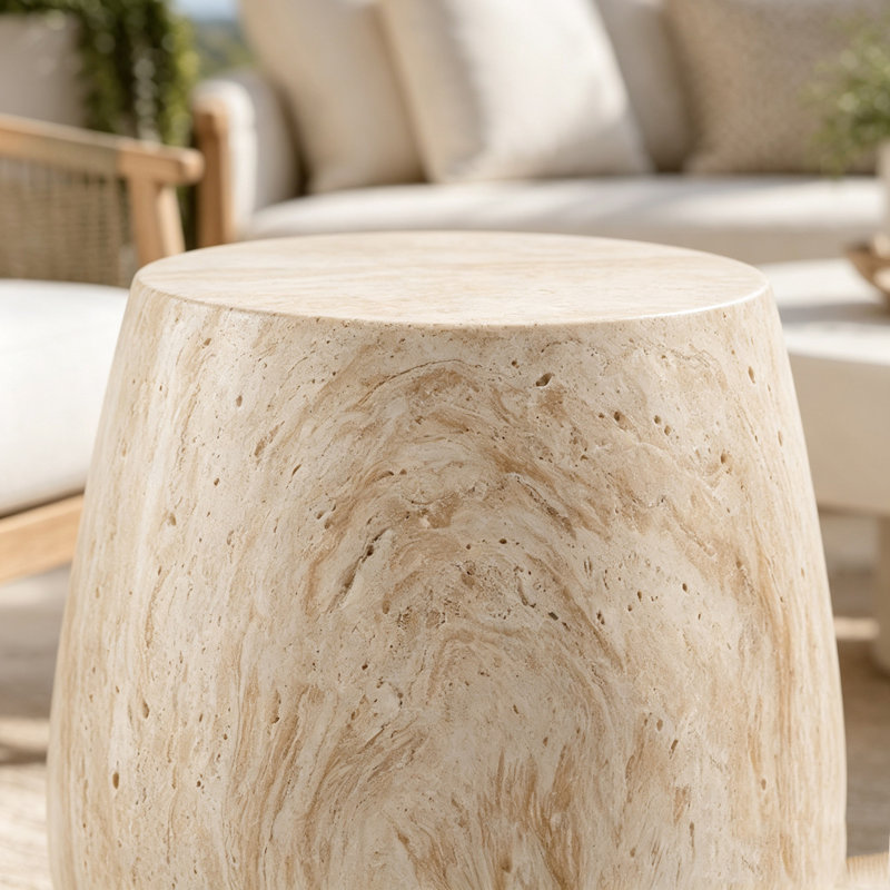 Drum-Shaped Faux Travertine Accent Table