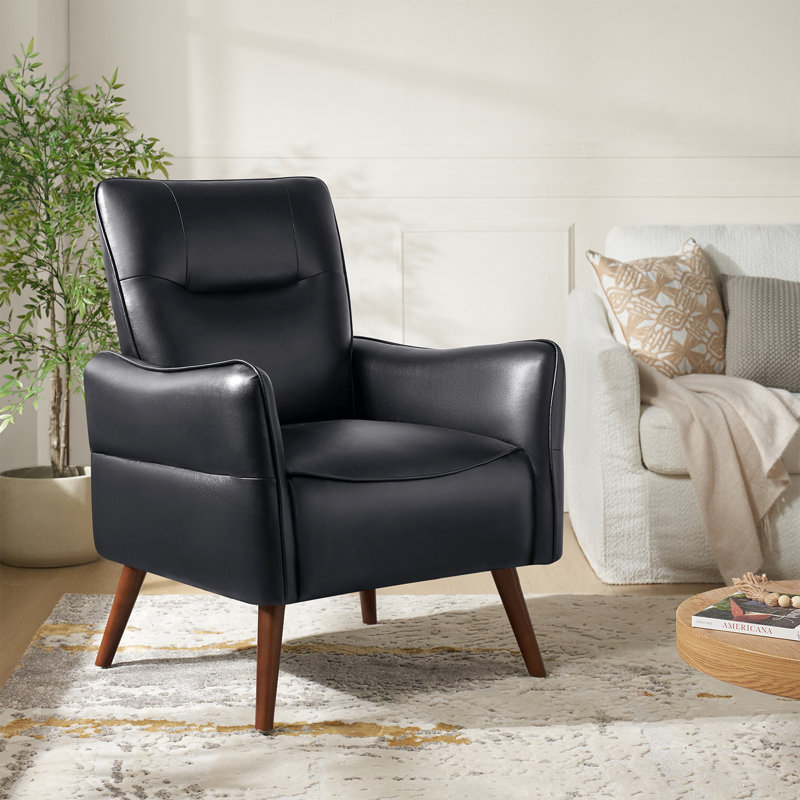 Fauteuil moderne en simili cuir avec pieds en bois massif Amylee, Similicuir noir