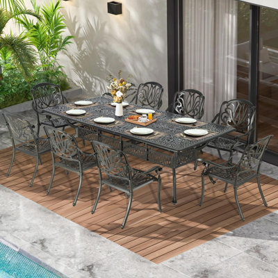 9-Piece Outdoor Patio Dining Set For 8, All Weather Cast Aluminum Patio Funiture Table And Chairs Set- 94.5" Rectangular Table And 8 Chairs For Garden by Canora Grey