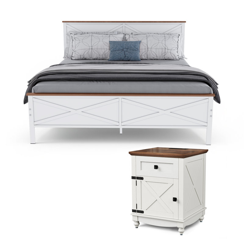 Givens Wood And White Metal Frame Platform Bed With Headboard Noise Free, Full / Double