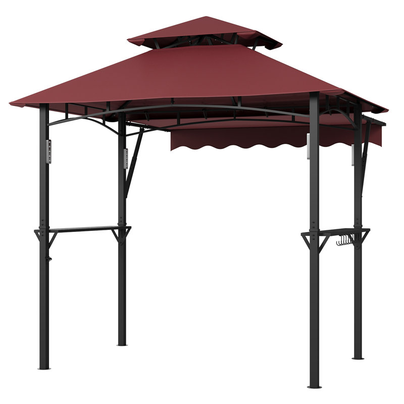 Wine Red 8x5 FT Heavy-Duty Double-Tier Grill Gazebo with 7x3 FT Extra Awning, Steel Roof Outdoor BBQ Shelter with Shelves, 10 Hooks and LED Lights for Garden