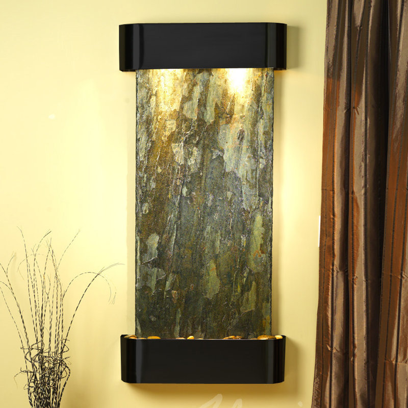 Cascade Springs Handcrafted Indoor Natural Stone Waterfall Fountain with Lights, Blackened Copper, Green Slate