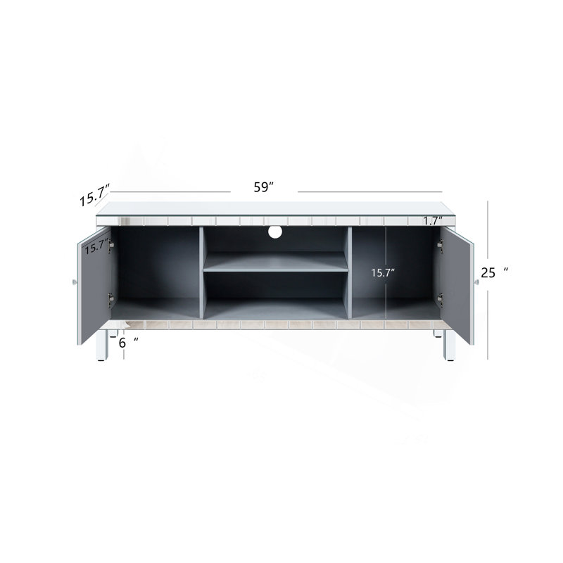 Meuble télé en miroir pour téléviseur de 65 pouces et plus, console de télévision avec rangement ouvert et 2 armoires de rangement, portes de miroir en forme de M pour le salon (l 59 po x H 25,2 po x P 15,7 po)