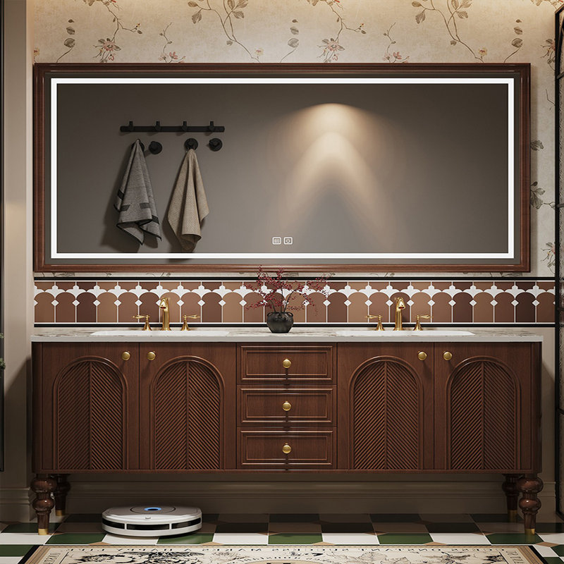 Armoire de salle de bain double à double cuve rétro, Brun, 83"