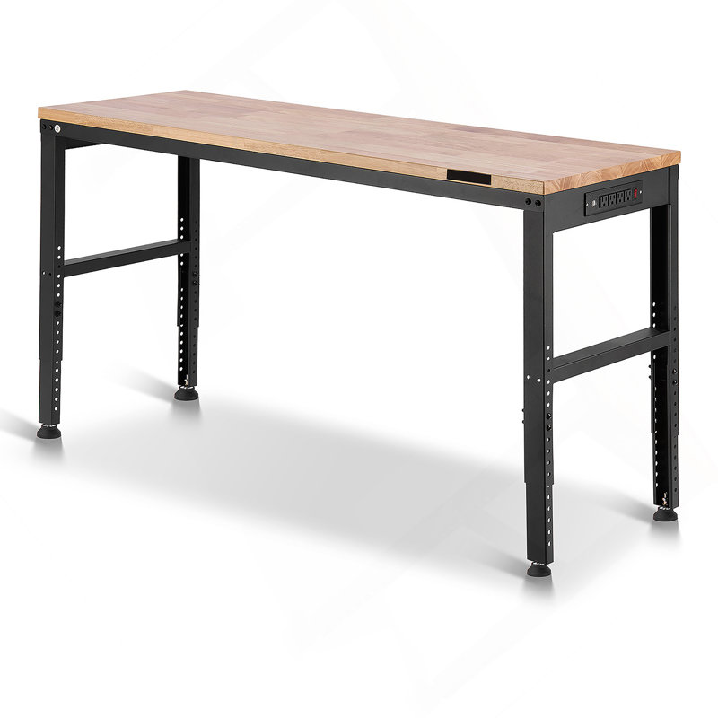 Établi à hauteur réglable, 61 po x 20 po, avec des hauteurs de 27,1 à 36 po, capacité de 2 000 lb, prises de courant, plateau en bois franc et cadre en métal pour les ateliers, les bureaux et la maison