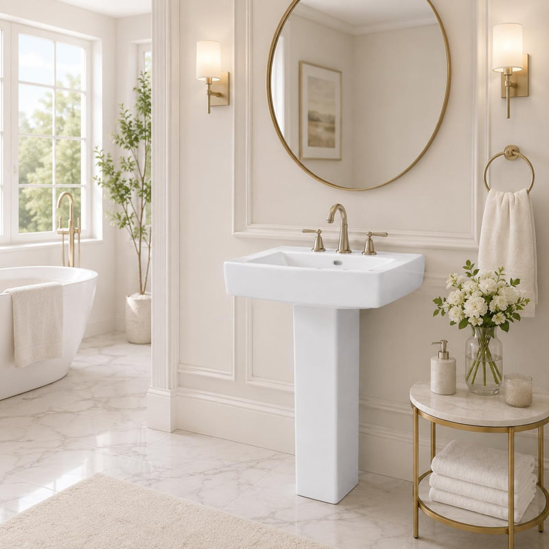 Lavabo carré sur pied en céramique blanche, 10 cm (4 po), 3 trous, style vintage classique