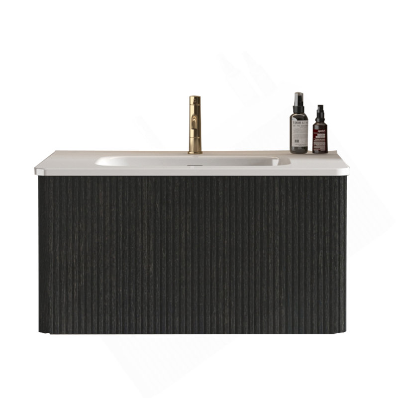 30" Striped Brushed Black Oak Floating Bathroom Vanity With White Ceramic Sink, Bathroom Vanity For Modern Bathroom, One-Piece White Basin Without Drain, Pre-Assembled