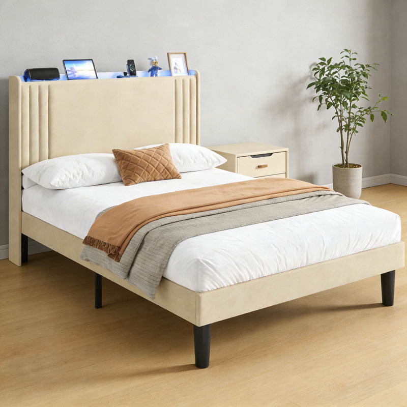 Lit plateforme à oreilles Bettyjean: structure en bois et métal + rangement sous le lit, Double, Beige