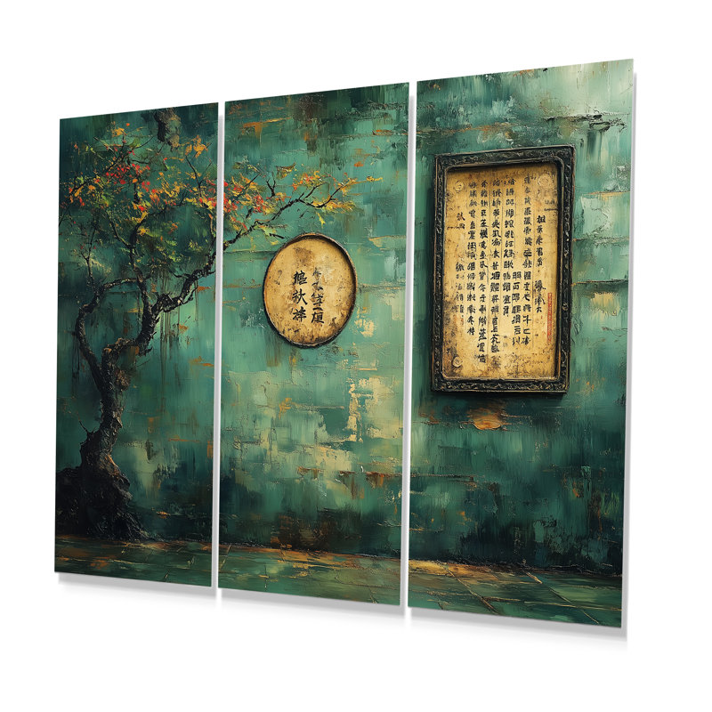 Temple chinois vert - ensemble de décorations murales traditionnelles chinoises, Métal métal, H 28 po x l 36 po x P 1 po