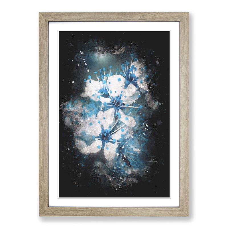 Blue Cherry Tree Flowers - Picture Frame Graphic Art, 90cm H x 65cm W x 2cm D, Oak